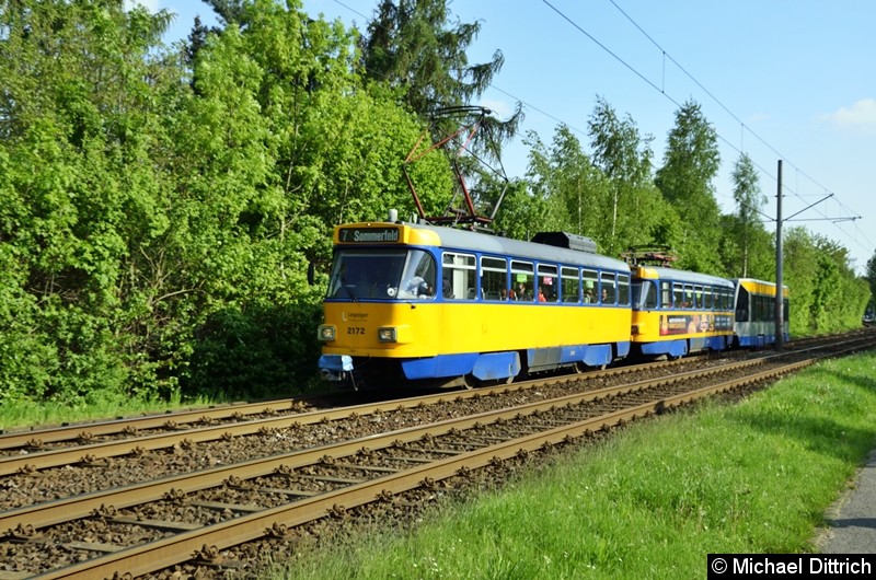 Bild: 2172 + 2072 + 931 als Linie 7 zwischen den Haltestellen Strabf. Paunsdorf und Am Vorwerk.