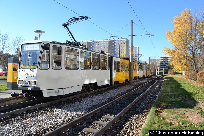 Bild: TW 349+361 als Linie 3 an der Endstelle Lusan/Zeulsdorf.