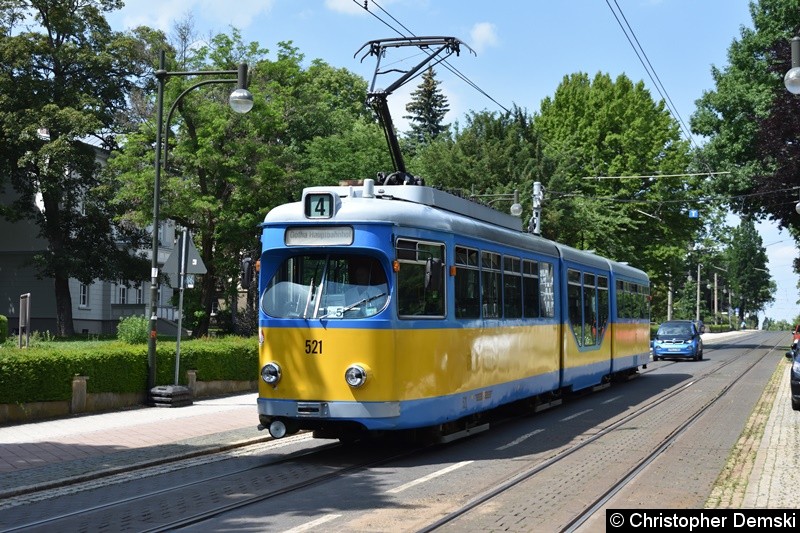 Bild: TW 521 als Linie 4 in der Bahnhofstraße in Richtung Hauptbahnhof.