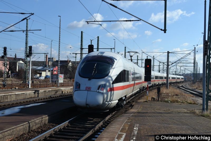 Bild: BR 411-516-2 als ICE nach Dresden bei der Ausfahrt in Weimar.