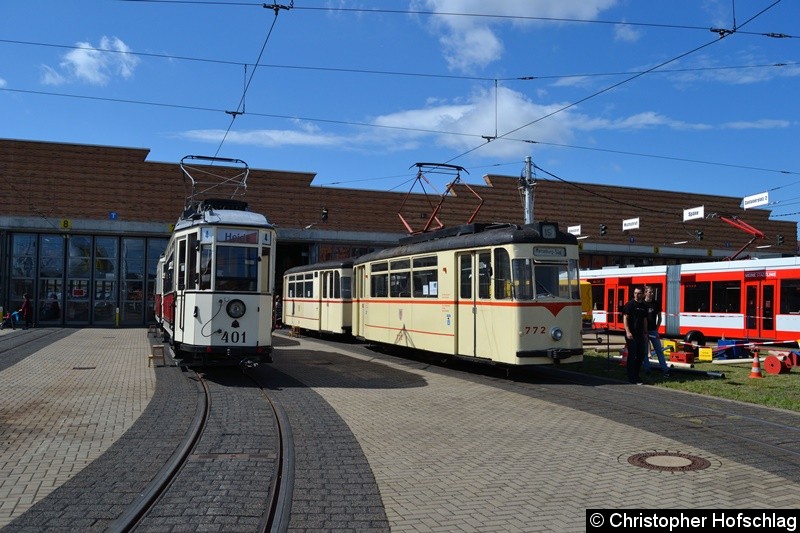 HTW 401 und 772+Beiwagen stehen zur Anschauen ebenfalls für die Gäste des ToT der HAVAG zur Verfügung. Bild: HTW 401 und 772+Beiwagen stehen zur Anschauen ebenfalls für die Gäste des ToT der HAVAG zur Verfügung.