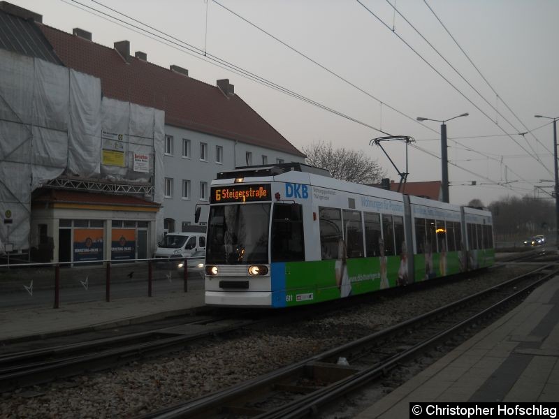 Bild: TW 611 auf der Linie 6 an der Haltestelle Klinkum in Richtung Steigerstraße.