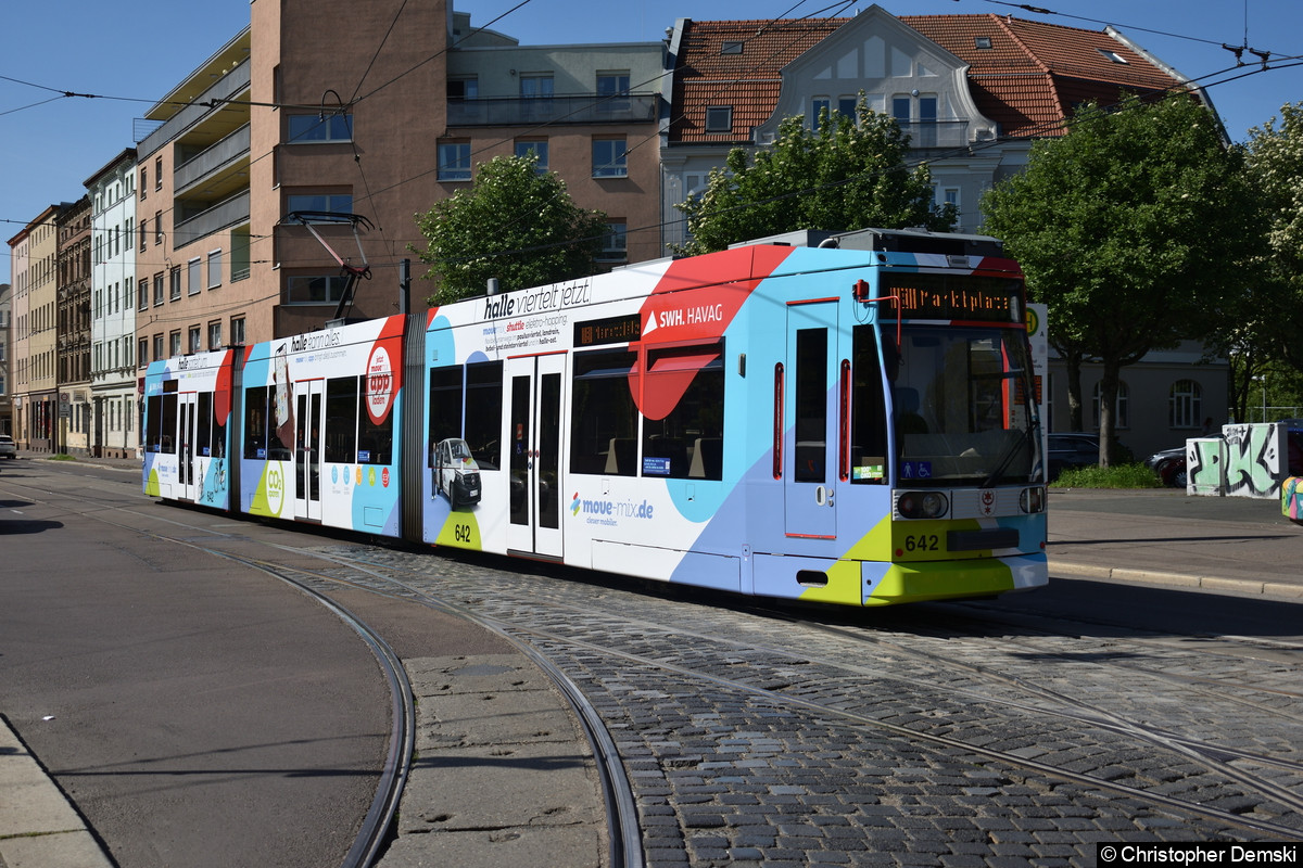 Tw 642 als E in Richtung Marktplatz an der Haltestelle Betriebshof Freiimelder Straße.