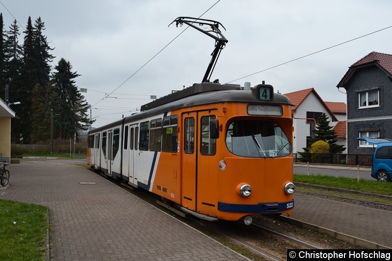 Bild: Tw 522 als Linie 4 in Tabarz, kurz vor seiner Abfahrt nach Gotha.