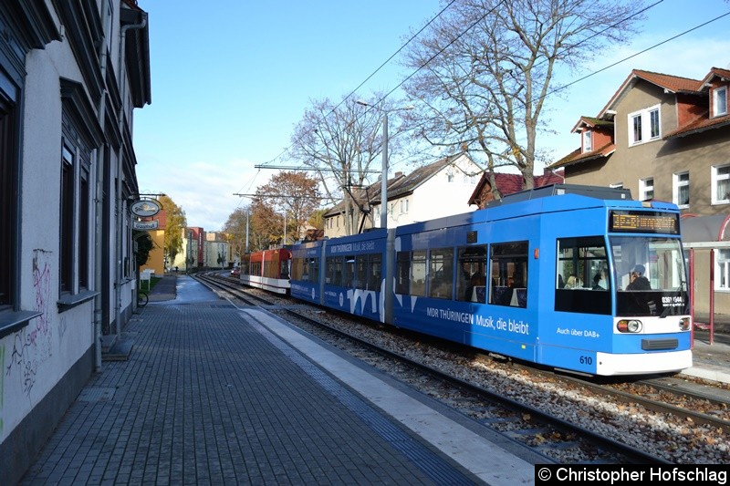 TW 610 als zweiter Wagen einer Doppeltraktion MGT6D beim Verlassen der Haltestelle Am Schwemmbach. Bild: TW 610 als zweiter Wagen einer Doppeltraktion MGT6D beim Verlassen der Haltestelle Am Schwemmbach.