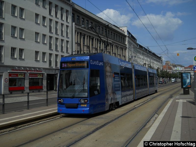 Bild: TW 1102 als Linie 34 an der Haltestelle Leibnizstraße.