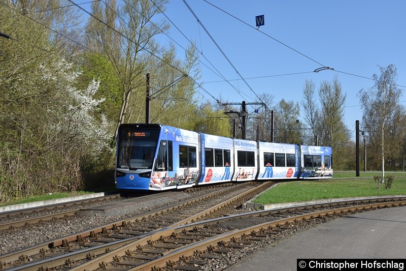 Bild: TW 607 verlässt grade die Gleisschleife Rügener Straße.