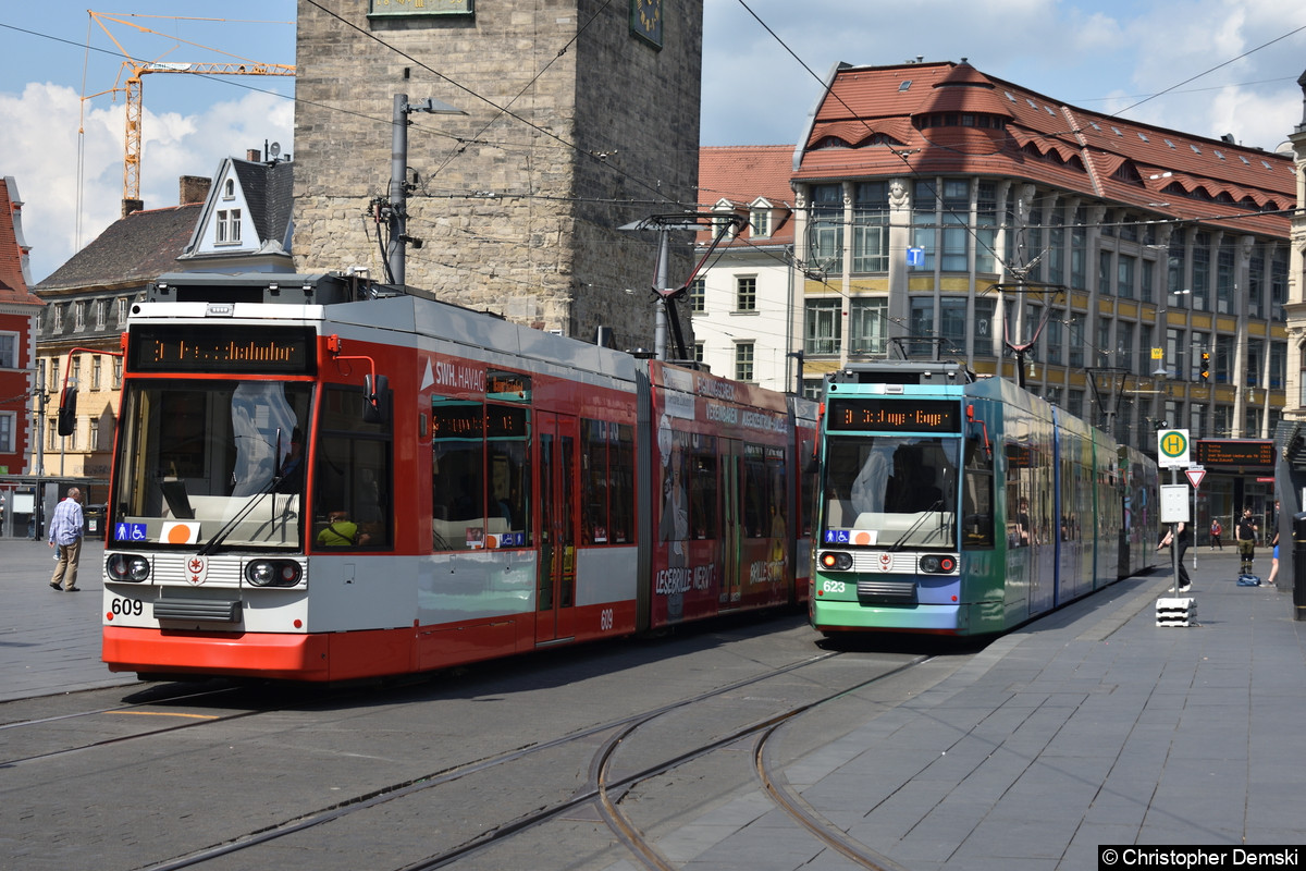 Bild: Tw 609+602 als Linie 9 am Marktplatz.