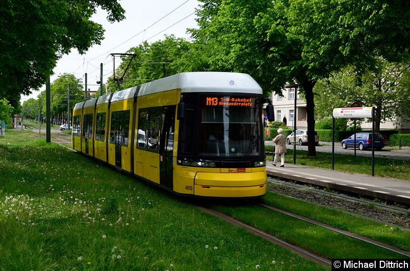 4013 als Linie M13 nach S+U Alexanderplatz zwischen den Haltestellen Stahlheimer Str./Wisbyer Str
und Prenzlauer Allee/Ostseestr. Bild: 4013 als Linie M13 nach S+U Alexanderplatz zwischen den Haltestellen Stahlheimer Str./Wisbyer Str
und Prenzlauer Allee/Ostseestr.